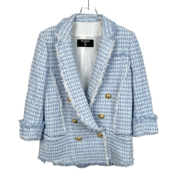 Balmain Light Blue Double-Breasted Tweed Fringe Suit Jacket Size 40/M - Picture 1 of 7